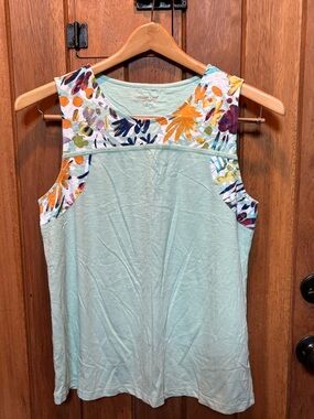 Coldwater Creek Mint Tank with Multicolor Floral Yoke